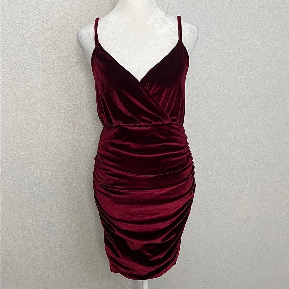 Shein Ruched Velvet Dress Burgundy Size Medium Petite